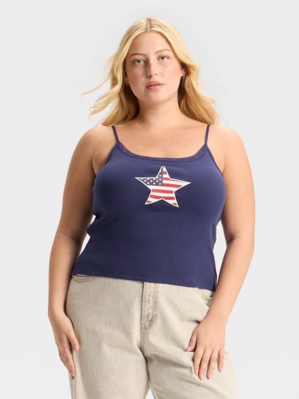 Women's Star Flag Graphic Tank Top with Lace Trim - Navy Blue 1X
